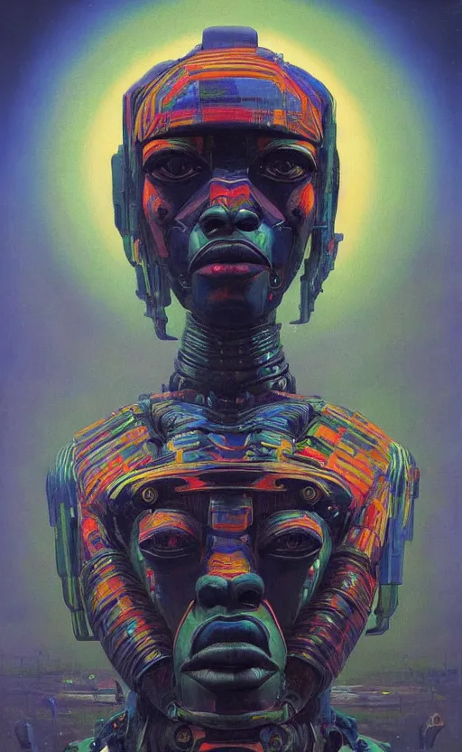 Image similar to portrait of mecha african tribal chief, symmetrical, dramatic lighting, colourful, art by zdzislaw beksinski,