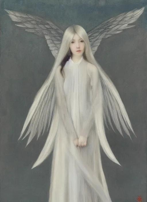 Image similar to thin young beautiful angel with silver hair so long, pale!, wearing silver hair, silver angel wings, young adorable korean face, silver hair!!, oil on canvas, style of fernand khnopff, 4 k resolution, aesthetic!,