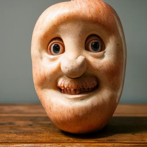 Image similar to a taxidermized apple with a human face, in a museum, 8 5 mm lens, 7 0 mm entrance pupil diameter