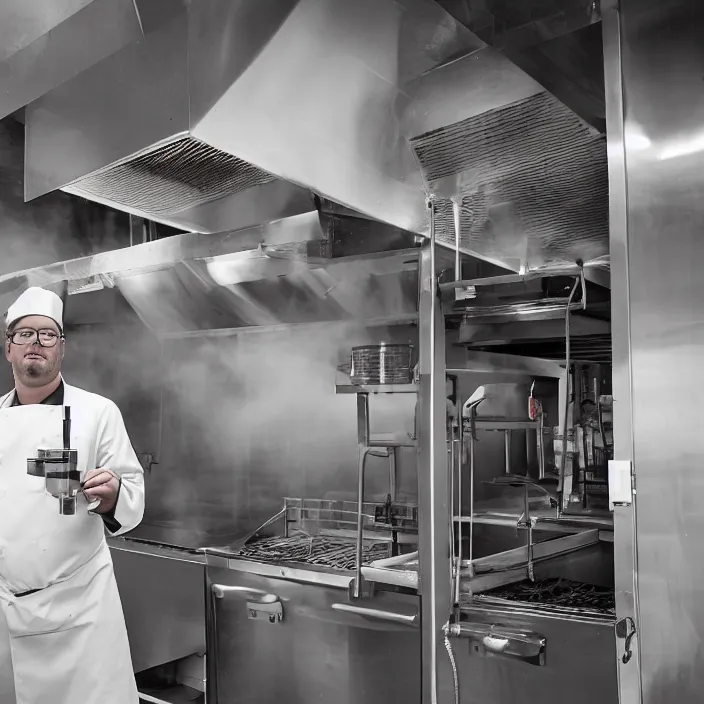 Image similar to a man standing in a restaurant kitchen, he is by the fryers and using a pressure washer to spray wash the exhaust duct that is overhead and above the fryer vat, canon eos c 3 0 0, ƒ 1. 8, 3 5 mm, 8 k, medium - format print