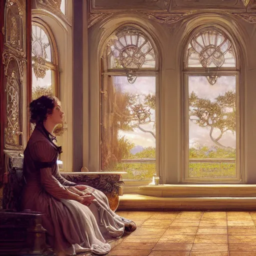 Image similar to a very detailed portrait painting of Vesper Lynd, a very detailed french room, a very detailed dramatic sky, light particles, environment drawn by Donato Giancola and Tom Bagshaw, Edmund Leighton, character design by Alphonse Mucha, 4k, volumetric lighting, komorebi, award winning, octane render, hyperrealistic