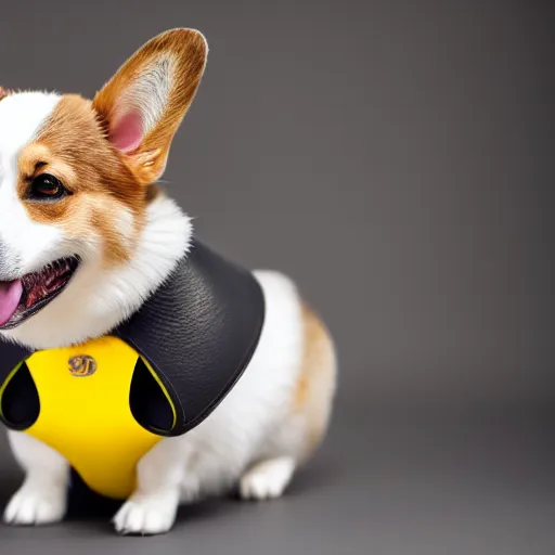 Prompt: a corgi looking at the camera, sitting on a yellow platform, wearing an elegant gucci leather vest, studio lighting, yellow background, 4K HD photography, 85mm