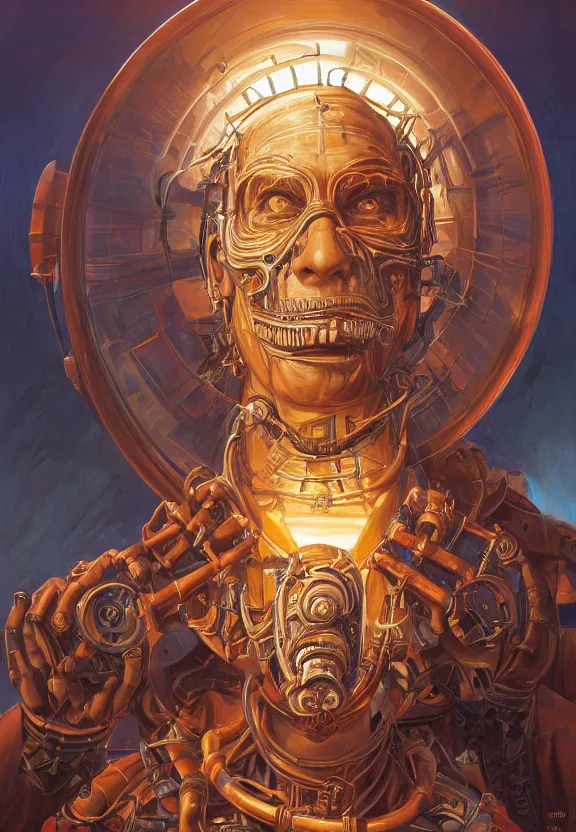 Prompt: perfectly centered portrait, front view of a beautiful biomechanical saul goodman, post apocalyptical albuquerque background, strong radiant light, rim - light, symmetrical, concept art, intricate detail, volumetric shadows and lighting, realistic oil painting by tim hildebrandt,