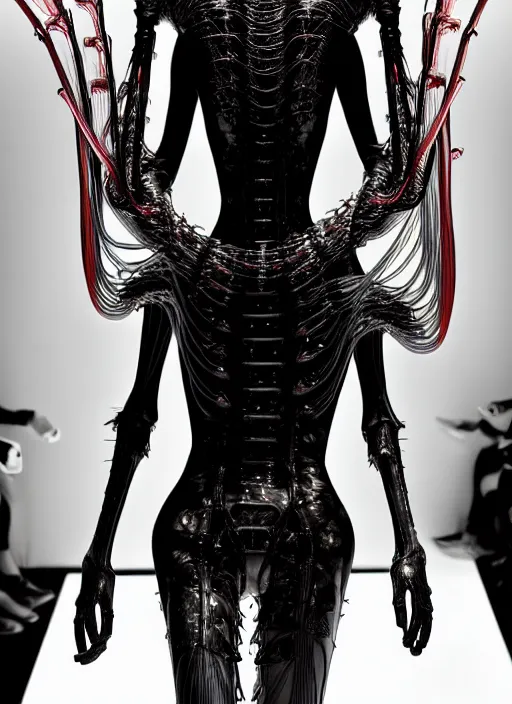 Image similar to walking down the catwalk, show, stage, vogue photo, podium, fashion show photo, iris van herpen, beautiful woman, full body shot, masterpiece, inflateble shapes, alien, giger, plant predator, guyver, jellyfish, wires, veins, white biomechanical details, wearing epic bionic cyborg implants, highly detailed