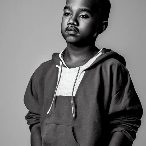 Image similar to the face of young kanye west wearing yeezy clothing at 1 3. 5 years old, portrait by julia cameron, chiaroscuro lighting, shallow depth of field, 8 0 mm, f 1. 8