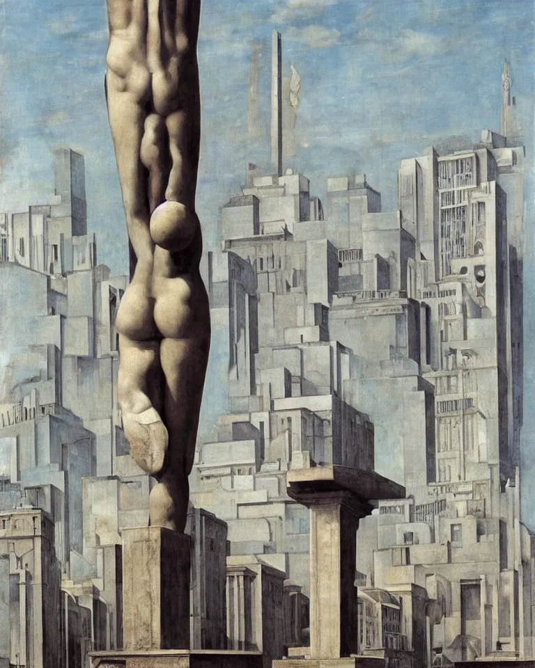 Prompt: an achingly beautiful roman marble sculpture standing alone amid a bustling futuristic metropolis by Giorgio De Chirico.