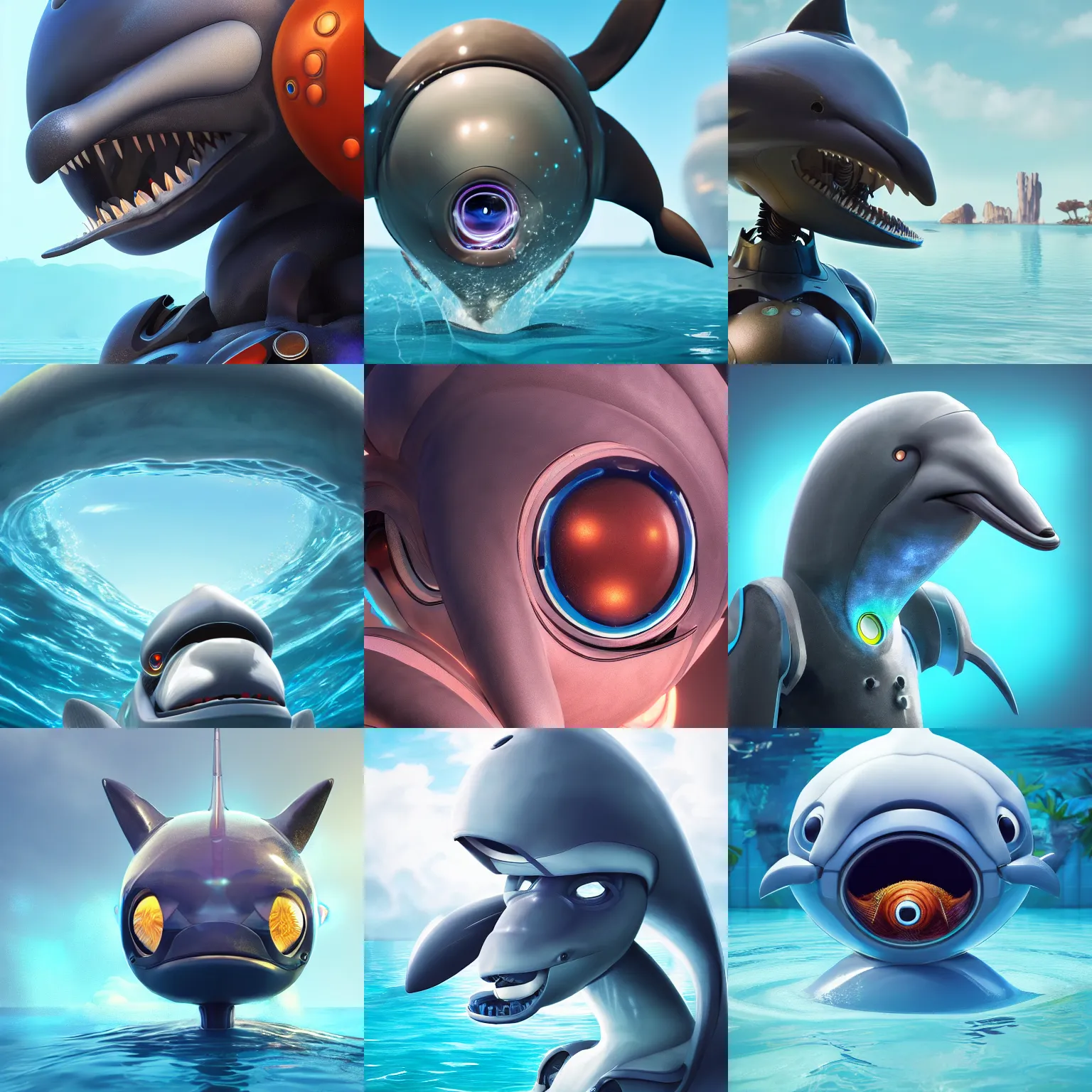 Prompt: furry art, bust profile picture of a robotic anthro dolphin, large eyes, round shapes, water in background, commission on furaffinity, cgsociety, octane render, subnautica