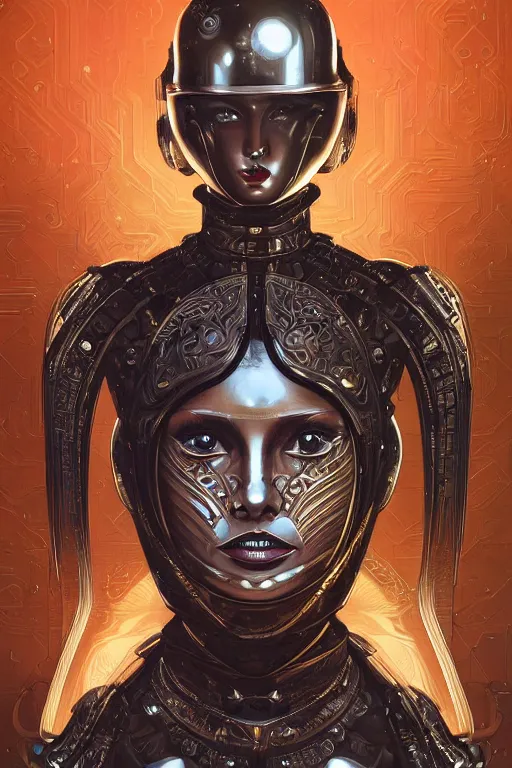 Image similar to retro-futuristic portrait of a beautiful but damaged female android in dusty chrome armour, ornate background, light from below, ornate pattern, glowing eyes, evil expression, high details, intricate details, renaissance style, painting by vincent di fate, artgerm julie bell beeple, 80s, Smooth gradients, High contrast, depth of field, very coherent symmetrical artwork