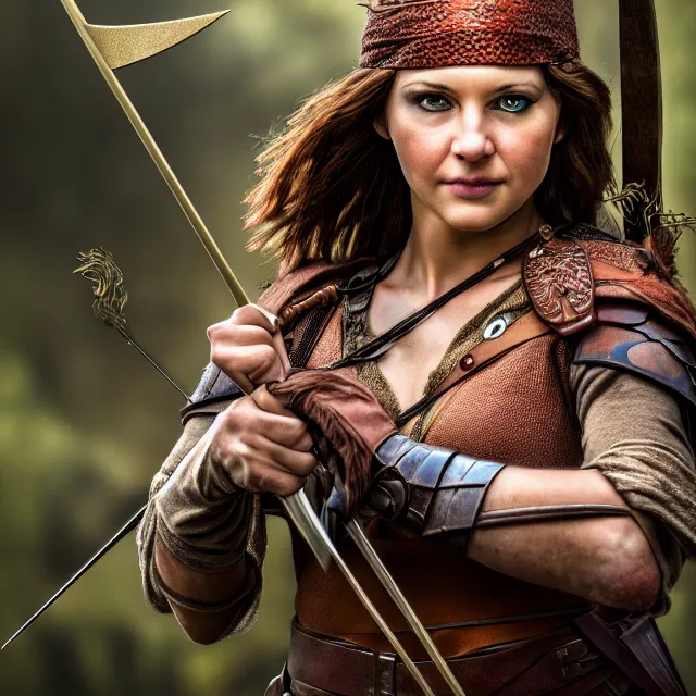 Image similar to beautiful female robin hood warrior, highly detailed, 8 k, hdr, smooth, sharp focus, high resolution, award - winning photo