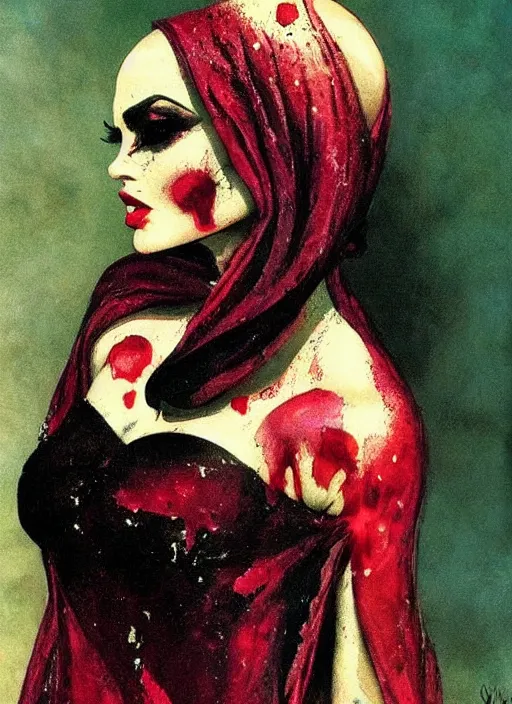 Image similar to portrait of bald iranian vampiress, jeweled veil, strong line, saturated color, beautiful! coherent! by frank frazetta, high contrast, blood splatter background