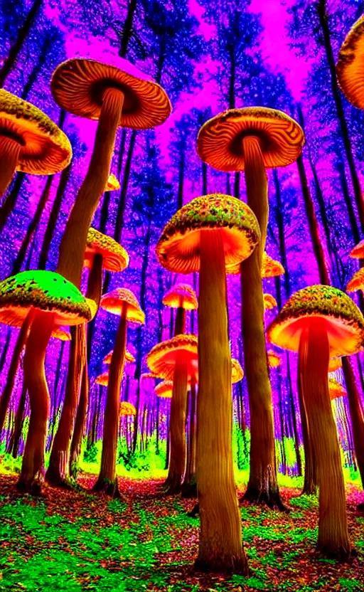 Image similar to trippy enchanged forest with large psychedelic mushrooms