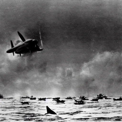 Prompt: Warrior Dolphins fighting in the Battle of Midway, WWII battleships fighting Japanese aircraft carriers