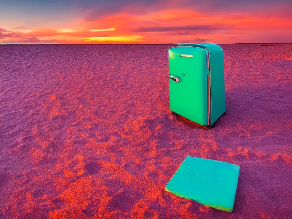 Image similar to purple refrigerator, red sand beach, green ocean, nebula sunset