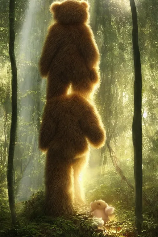 Image similar to mean fluffy teddybear protecting girl in a forest with rays of light coming through the canopy, masterpiece, dystopian, sci-fi, extremely detailed, digital painting, sculpted in zbrush, artstation, concept art, smooth, sharp focus, illustration, chiaroscuro lighting, golden ratio, incredible art, artgerm, greg rutkowski, alphonse mucha, simon stalenhag, carravaggio