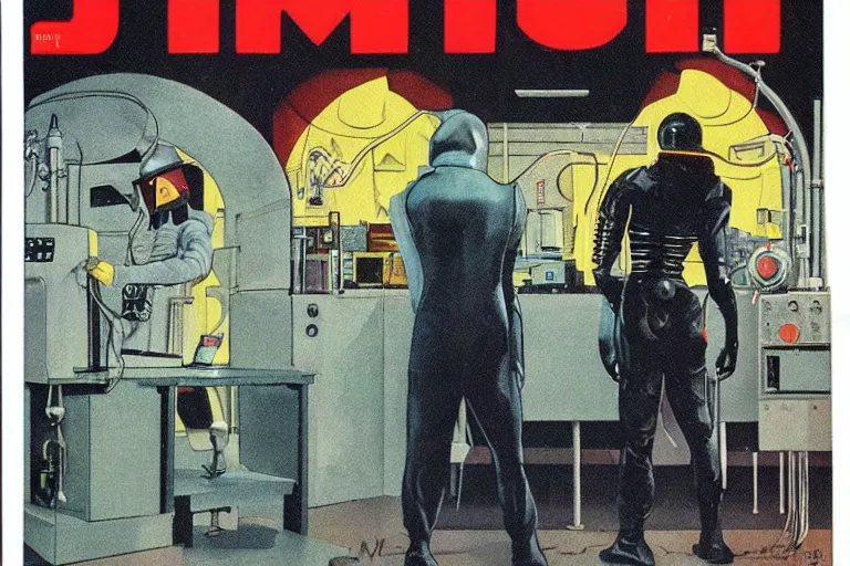 Image similar to 1979 OMNI Magazine Cover depicting Dr Jeckyll and an evil robotic Mr Hyde standing in a laboratory. Cyberpunk Akira style by Vincent Di Fate