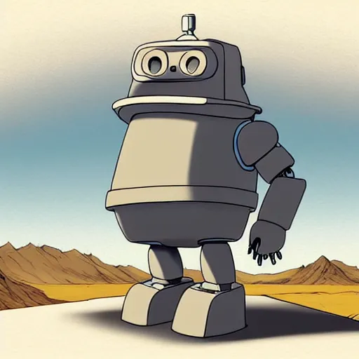 Image similar to a study of cell shaded cartoon of a grey robot st. bernard from howl's moving castle ( 2 0 0 4 ) on a desert road, full body, wide shot, very muted colors, post grunge, studio ghibli, laurie greasley, highly detailed, deviantart, art by artgem