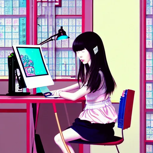 Image similar to full view of girl studying at her computer, in taipei, style of yoshii chie and hikari shimoda and martine johanna and disney, highly detailed