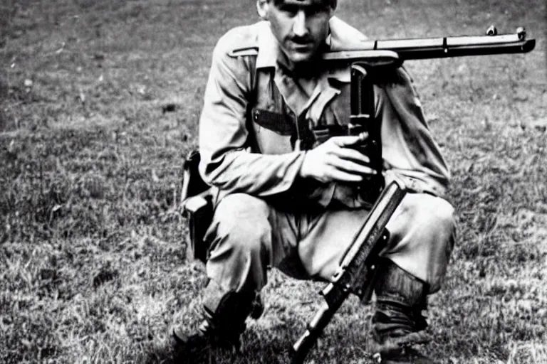 Prompt: Lionel Messi with a gun in world war 2, vintage photograph,