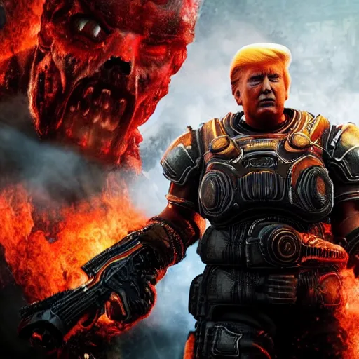 Prompt: Photo portrait of Donald Trump burning in hell!! in Gears of War, splash art, movie still, detailed face, photorealistic facial features, cinematic lighting, dramatic, octane render, long lens, shallow depth of field, bokeh, anamorphic lens flare, 8k, hyper detailed, 35mm film grain