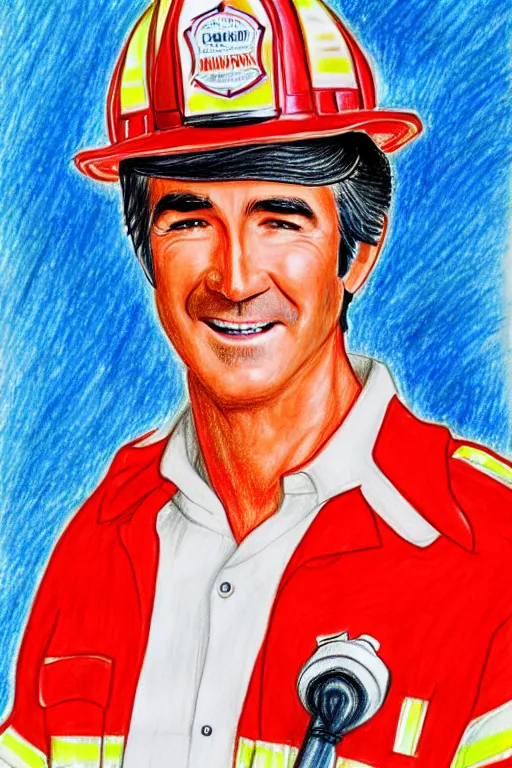 Image similar to a drawing of randy mantooth clean shaven, as a fire fighter by a child, bright colours, detailed