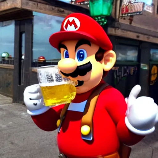 Image similar to super mario chugging a beer and getting drunk at a bar with the boys