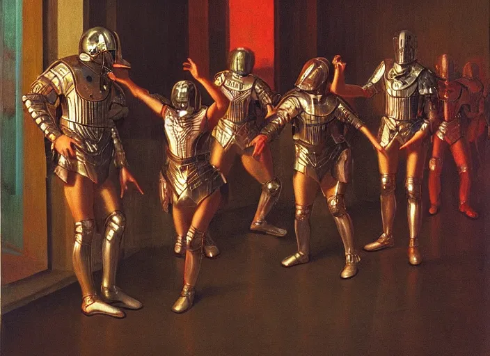Image similar to knights in armor dance electric boogie popping, rome, highly detailed, soft lighting, elegant, works by edward hopper and james gillard, zdislaw beksinski, stephen outram, andreas m wiese, highly detailed