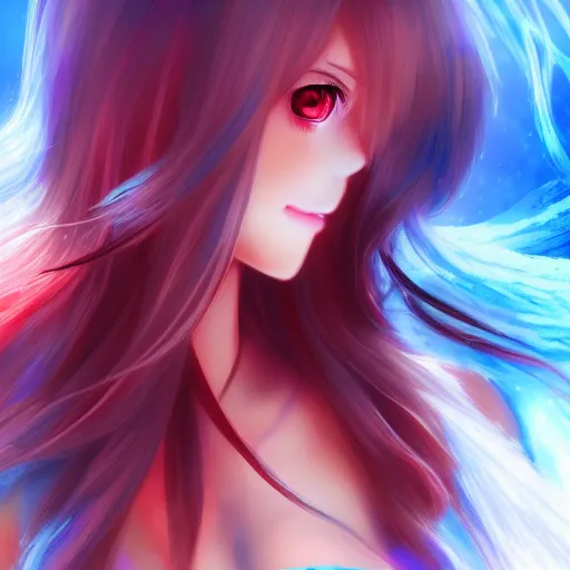 Image similar to advanced digital anime art, a very cute gorgeous teenage girl with a body made of fire and ice , full body, very long snow colored hair, sky blue highlights in hair, red fiery watery eyes, full round face, dramatic cinematic lighting, wideshot, highly intricately detailed, trending on pixiv, Artstation,