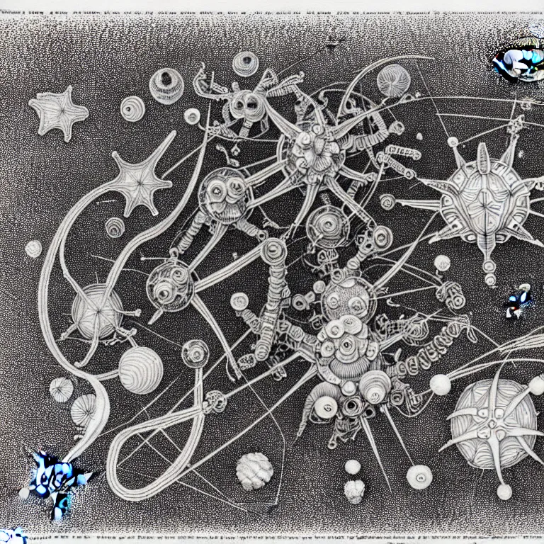 Image similar to a black and white drawing of a variety of sea life and filled with gundam mech equipment space station, a microscopic photo by ernst haeckel, zbrush central, kinetic pointillism, intricate patterns, photoillustration