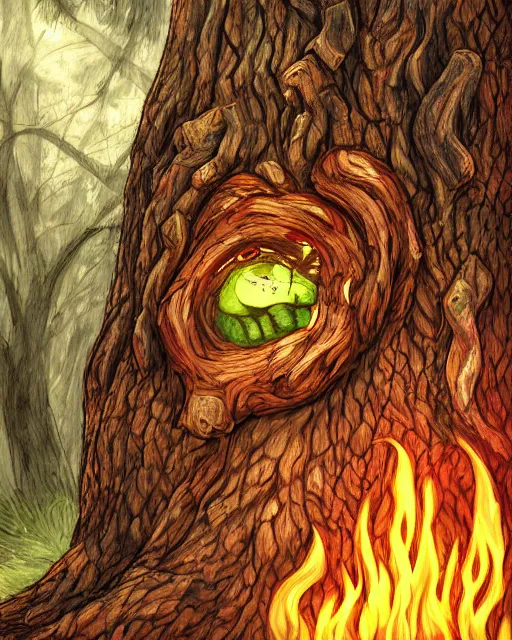 Image similar to a giant relaxed tree monster laying down in a firewood - fire, digital art, high detail