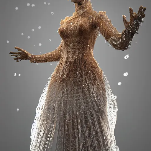 Prompt: medium shot of a regal brown woman wearing an intricate and detailed armor made of many layers of ice. fragile!! elaborate. ice caves. glaciers. stalactites. dramatic shadows. dispersion. refraction. reflections. volumetric lighting. textures. delicate. translucent. studio portrait. photorealistic. octane render