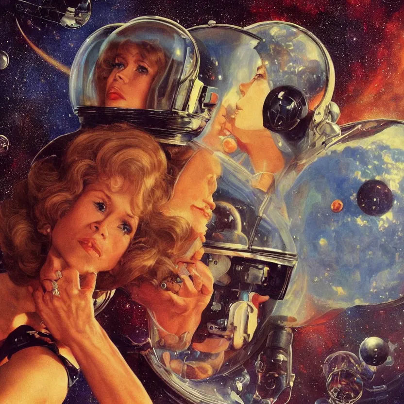 Prompt: close - up portrait of retrofuturistic jane fonda in space. reflective detailed textures. soft gloomy dark background. highly detailed fantasy science fiction painting by moebius, norman rockwell, frank frazetta, and syd mead. rich colors, high contrast. artstation