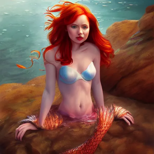 Image similar to Karen Gillian as the little mermaid by Stanley Artgerm Lau, WLOP, James Jean, Andrei Riabovitchev, Marc Simonetti, Yoshitaka Amano, ArtStation, CGSociety