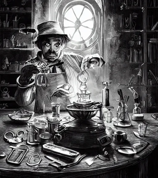 Image similar to beautiful willie wonka cooking meth black and white drawing, in the style of greg rutkowski, fantasy, amazing detail, epic, intricate, elegant, smooth, sharp focus