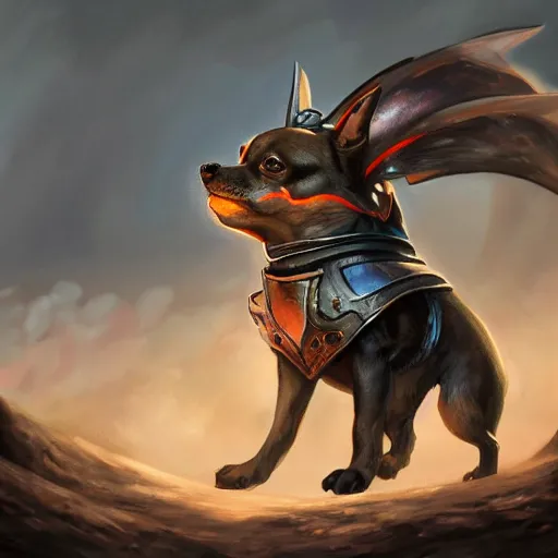 Image similar to chihuahua Dog, battle armour, Anthropomorphized, casting epic spell, magic the gathering artwork, D&D, fantasy, cinematic lighting, centered, symmetrical, highly detailed, digital painting, artstation, concept art, smooth, sharp focus, illustration, volumetric lighting, epic Composition, 8k, art by Akihiko Yoshida and Greg Rutkowski and Craig Mullins, heroic pose, oil painting, cgsociety, magic lab background