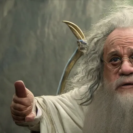 Image similar to danny devito starring as gandalf the white in the 2 0 2 4 lord of the rings movie, full body, hyper realistic, high quality, wide angle, always sunny in philadelphia, with hat