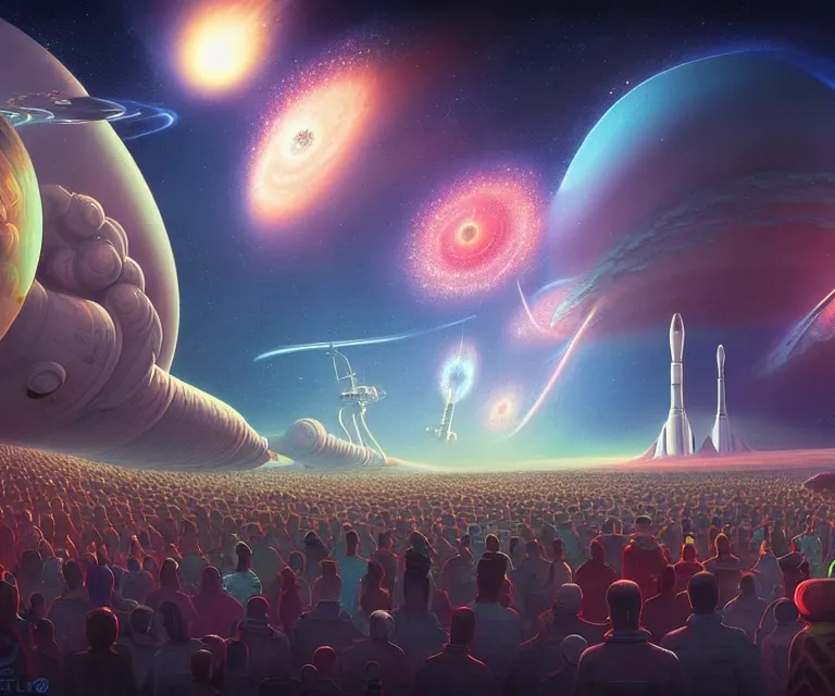 Image similar to hyper detailed 3d render like a Oil painting - crowds cheer at a spaceport on a beautiful faraway planet as a rocket blasts off, large gas giant in the dramatic nebula-filled alien sky, retrofuturistic science fiction vibe, by Jacek Yerka, Mariusz Lewandowski, Houdini algorithmic generative render, Abstract brush strokes, Masterpiece, Edward Hopper and James Gilleard, Zdzislaw Beksinski, Mark Ryden, Wolfgang Lettl, hints of Yayoi Kasuma, octane render, 8k, wide angle shot