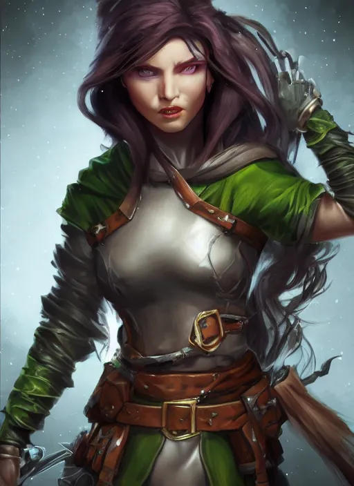 Image similar to fantasy female rogue dnd character portrait, full body, dnd, rpg, lotr game design fanart by concept art, behance hd, artstation, deviantart, global illumination radiating a glowing aura global illumination ray tracing hdr render in unreal engine 5
