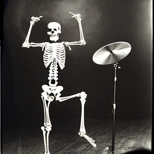Prompt: skeleton drummer, flash polaroid photo by george hurrell,