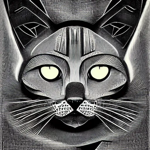 Prompt: cat face, geometric, line art, black and white, by h. g. giger, 8 k
