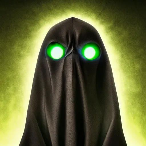 Prompt: award - winning. trending on artstation. 4 k. eerie tone. a shadowy figure wearing a green hooded cape with many blue glowing eyes on its face and an open maw on its chest.