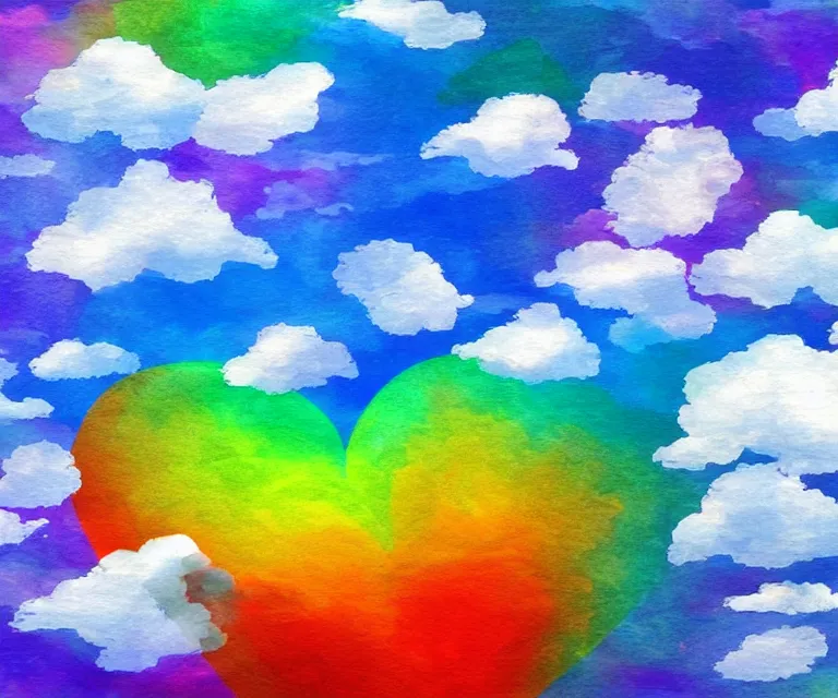 Prompt: heart - shaped clouds, water painting, colorful