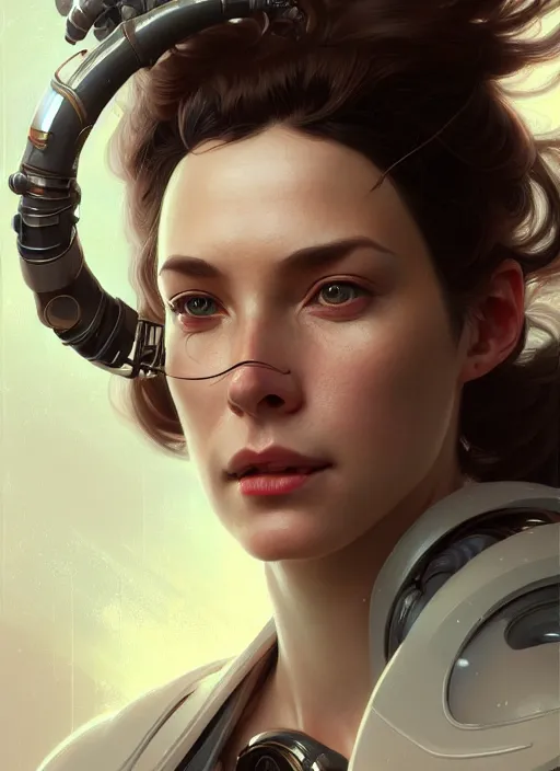 Prompt: portrait of female scifi scientist with tech - horns, intricate, elegant, highly detailed, ray tracing, digital painting, artstation, concept art, smooth, sharp focus, illustration, art by artgerm and greg rutkowski and alphonse mucha, 8 k