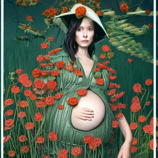 Image similar to pretty pregnant model with botanical : : by martine johanna and simon stalenhag and chie yoshii and casey weldon and wlop : : ornate, dynamic, particulate, rich colors, intricate, elegant, highly detailed, vogue, harper's bazaar art, fashion magazine, smooth, sharp focus, 8 k, octane render