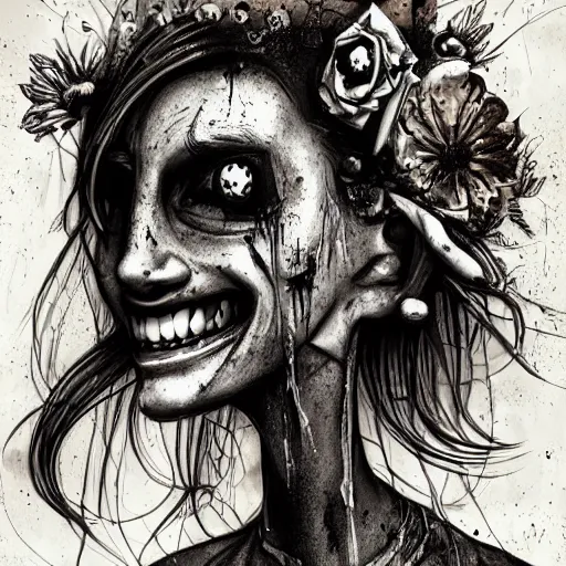 Image similar to grunge cartoon sketch of a human flower mix with a wide smile by - michael karcz, loony toons style, horror theme, detailed, elegant, intricate