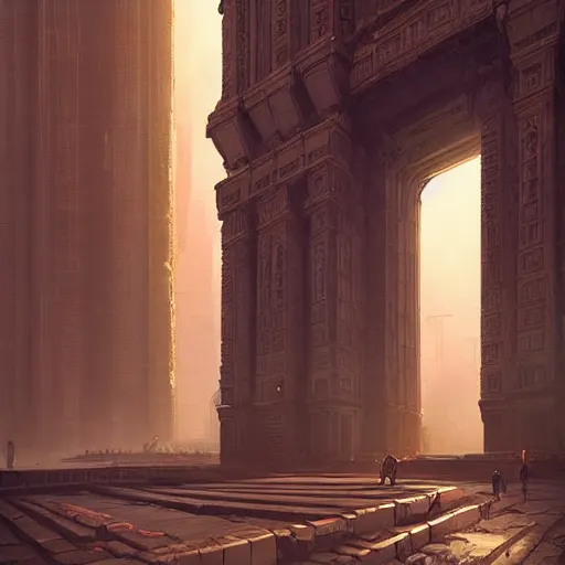 Image similar to gigantic city with pillars and long walls, darkness lurks within, artwork by tooth wu and wlop and beeple and greg rutkowski