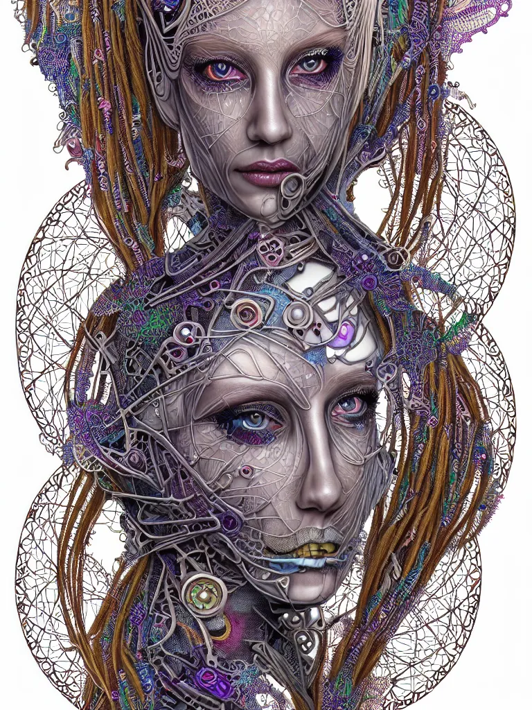 Image similar to full colour beautiful biomechanical female blonde dreadlock cyborg, realistic skin, geometrical octagonal lace tattoos, alexander mcqueen, art nouveau fashion embroidered, futuristic android jones style steampunk, trippy lsd hippie, craftsmanship, intricate silver filigrees, contrast hexagonal mesh wire, mandelbrot fractal mandala, alex grey, giger, hyperreal, photorealistic