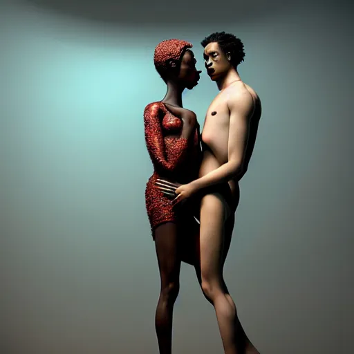 Prompt: young promiscuous couple in love, octane render, by wangechi mutu, unreal engine, by george condo, by george condo fx, cinematic, dramatic, photography, portrait, ray tracing reflections, ray traced, post processing, post - production, tone mapping, cgi, vfx