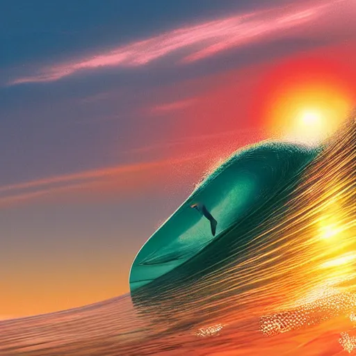 Image similar to surfing at sunset, by scott uminga trending on artstation, trending on deviantart,