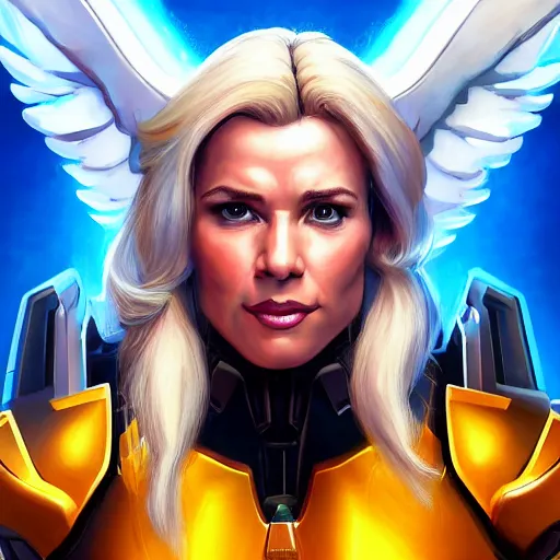 Image similar to a screenshot of arnold schwarzenegger as mercy in overwatch, angel wings, halo, portrait, fantasy, beautiful face, vivid colors, elegant, concept art, sharp focus, digital art, hyper - realistic, 4 k, unreal engine, highly detailed, hd, dramatic lighting by brom, trending on artstation