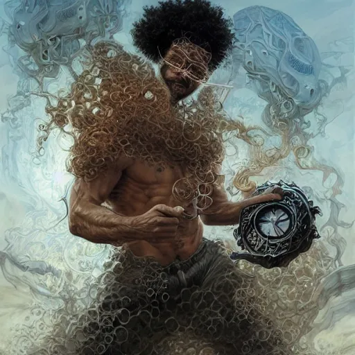 Prompt: a curly - haired persian man constructing a mind piece by piece, artstation, smooth, sharp focus, clean shaped illustration by kim jung gi, tomasz alen kopera, peter mohrbacher, donato giancola, joseph christian leyendecker, wlop, boris vallejo, ric estrada, ron english and eiichiro oda